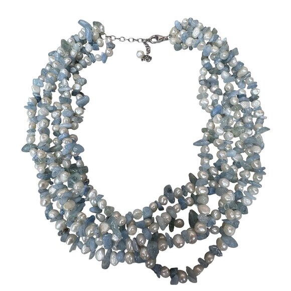 Ross-Simons Aquamarine Bead 6mm Cultured Pearl Torsade Necklace Sterling Silver - Picture 9 of 10